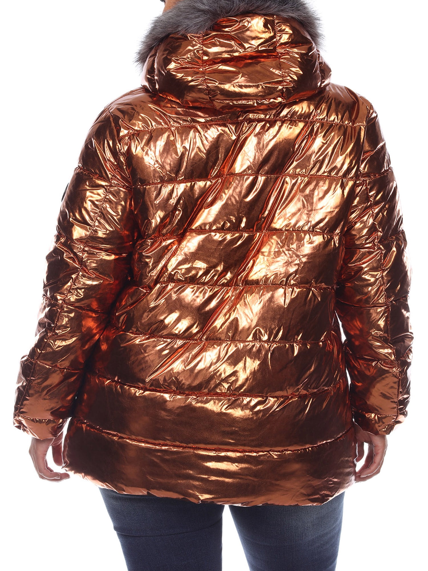 White Mark Women's Plus Size Metallic Hooded Puffer Coat