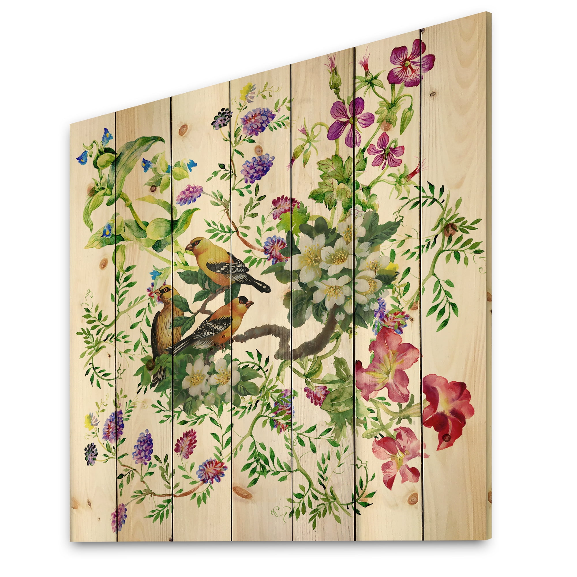 Designart 'Tropical Birds Sitting On Blooming Tree' Traditional Print on Natural Pine Wood