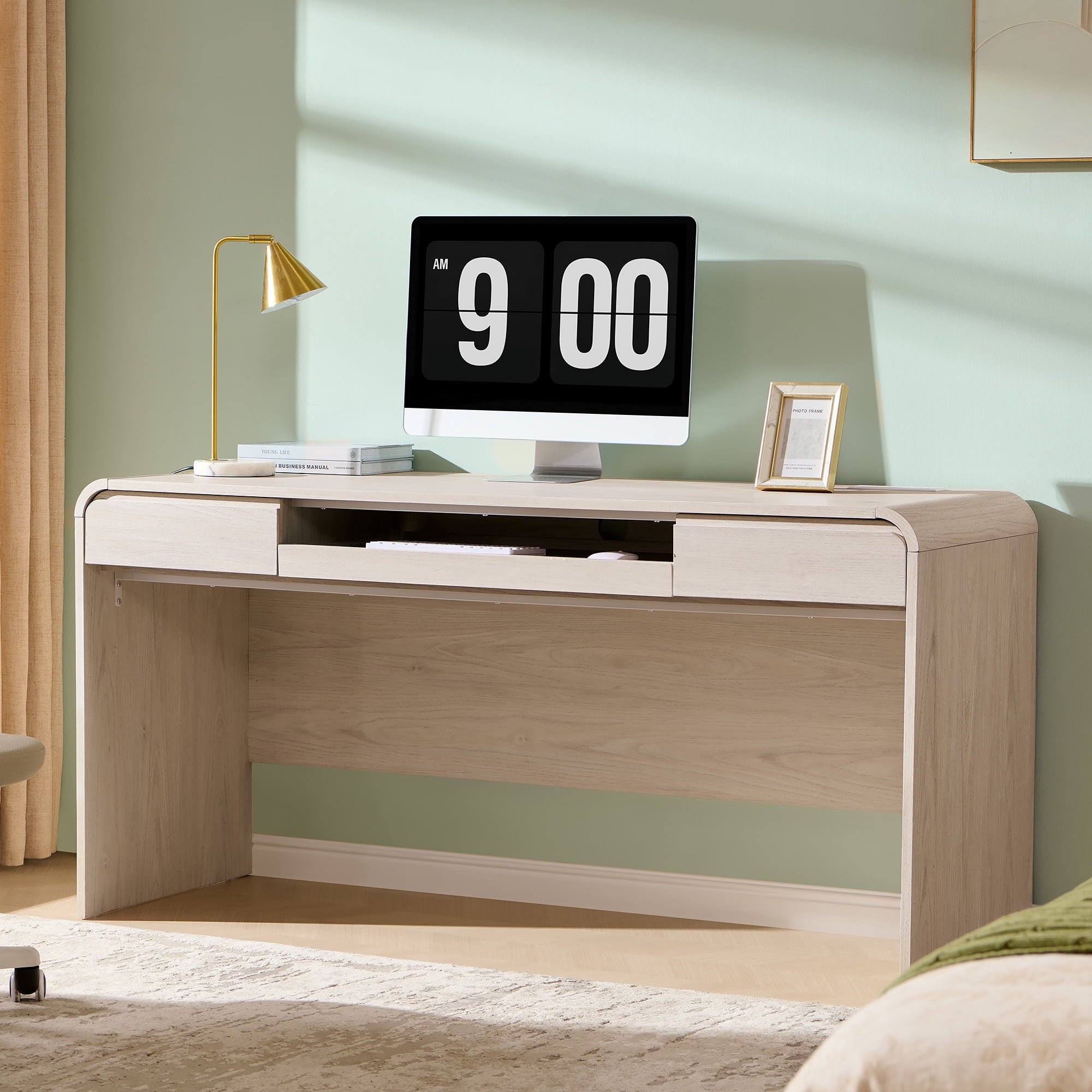 wow97e Modern Computer Desk with Storage Drawers, 57'' Large Executive Office Desk with Charging Station & Keyboard Tray for Home Office