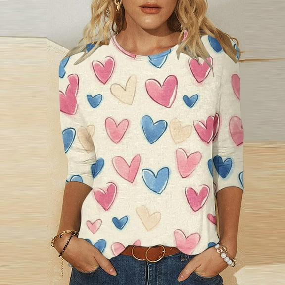VKOYWKM Women's Valentine Tops Love Heart Print Blouses 3/4 Sleeve Crew Neck Casual Holiday Tees