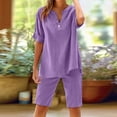 thumbnail image 2 of Fashion Plus Size Two Piece Sets For Women Summer Cotton And Linen Shorts Pants V-Neck Short Sleeve Shirt Set Casual, 2 of 8