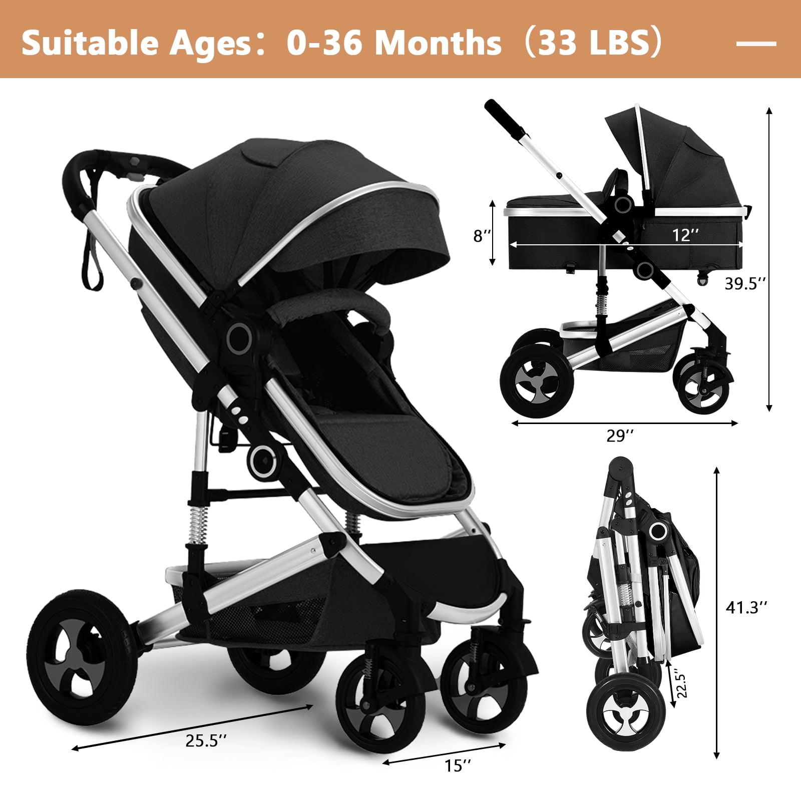 LINLUX 2 in 1 Baby Stroller w/ Diaper Bag & Big Wheel, Infant Pushchair, 23 Pounds,  Black