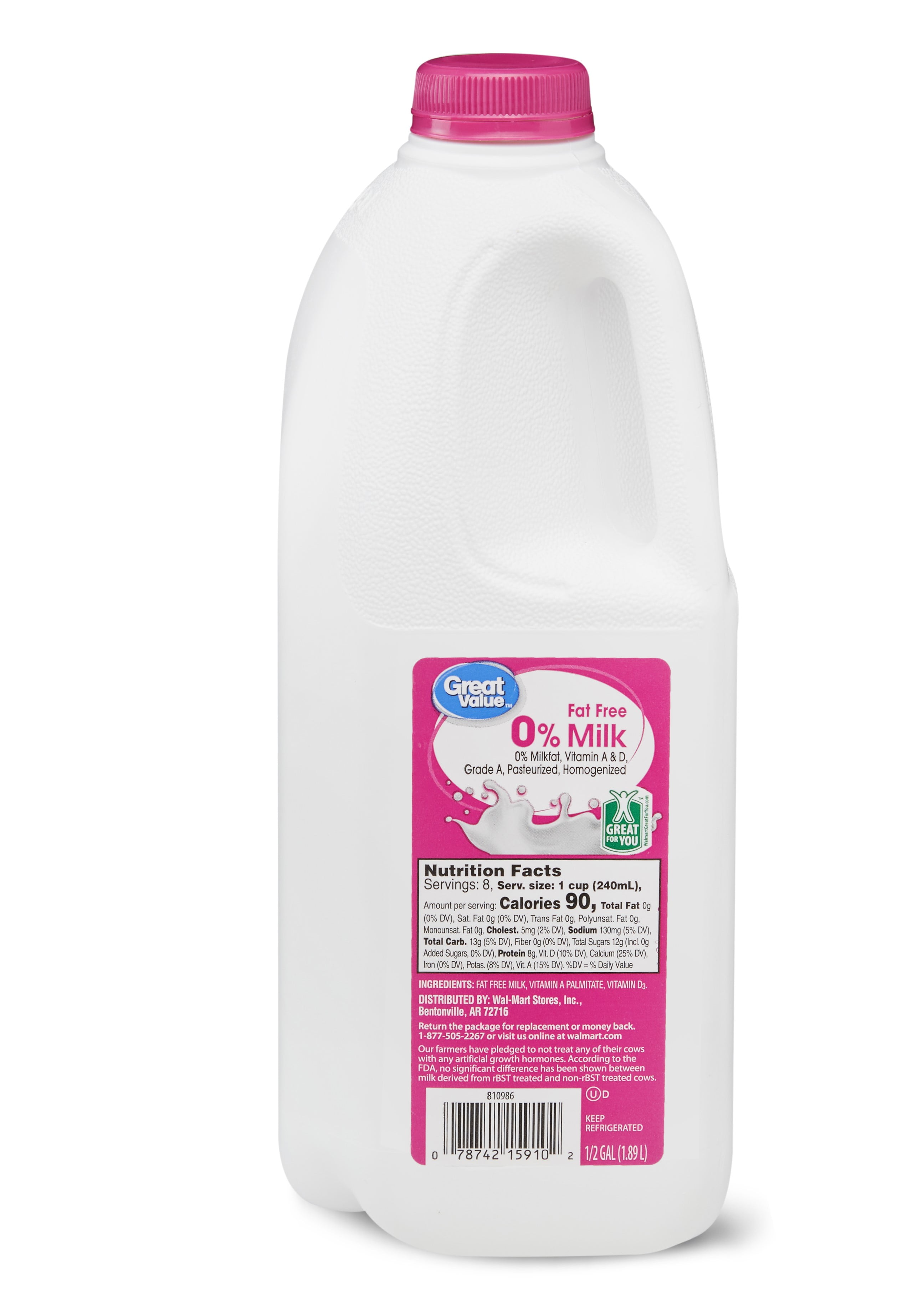 Great Value Skim Fat Free Milk, Half Gallon, 64 fl oz