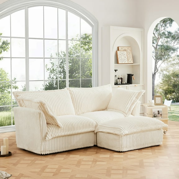 Deep Seat 2 Seater Sofa Couch, Corduroy Loveseat Sofa with Slip-cover and Ottoman, L Shaped Couch with Back Cushion and Pillow, Mid Century Sleeper Sofa Chair for Living Room, Apartment, Beige