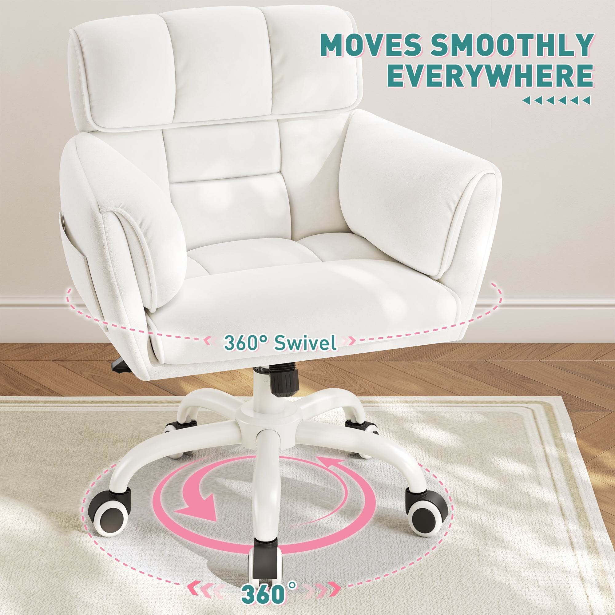 Romorgniz Adjustable Office Chair with Wheels, Soft-Touch Upholstered Desk Chair with Side Pockets, Ergonomic Vanity Chair for Bedroom, Home Office,Beige