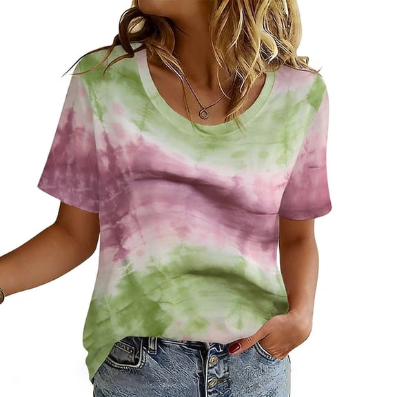 Odbmxy Womens Plus Tees Summer Short Sleeve Tie-Dye Womens Top Fitness Basic Loose Workout Green Leisure Tops