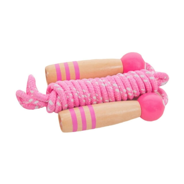 Cuerda de saltar infantil de 260 cm con mangos de madera, ideal para fiestas y reuniones de estudiantes. Rosa