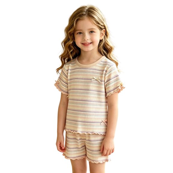 Glisme Girls Outfit Set Striped Print Short Sleeve Crew Neck Tops With Shorts Outfit Quick Dry Girls Set Size 3-4 Years Coffee