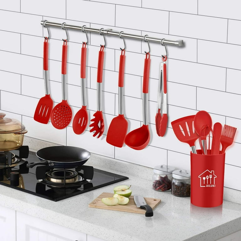 Bundlepro 8 Pcs Silicone Cooking Utensil Set, Kitchen Cookware with  Stainless Steel Handle, Black