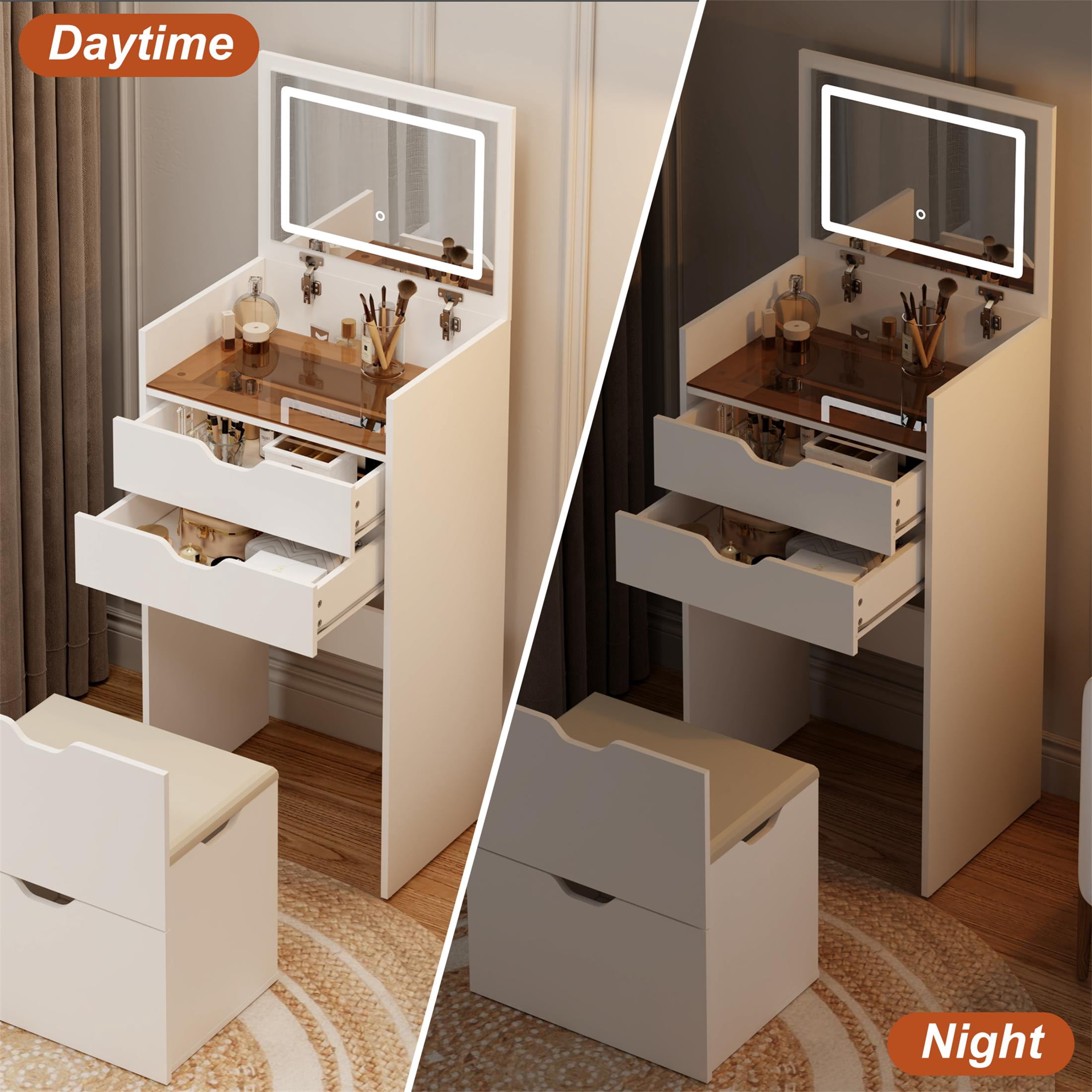 UHOMEPRO White Vanity Set with Mirror and a Hidden Storage Stool, 3-in-1 Multifunctional Dressing Table Set with with 3 Color Lighting Brightness Adjustable, Pretty Vanity Set for Girls, Women's Gift