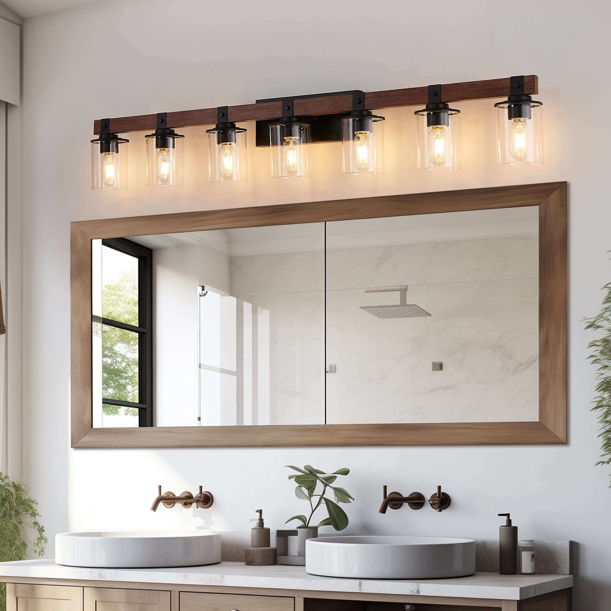 Leumius 7-Light Bathroom Vanity Light, Industrial Wall Sconce with Glass Shades and Wood Accent, Modern Farmhouse Lighting Fixture for Mirror, Bathroom, Bedroom and Hallway Walnut (No Bulbs)