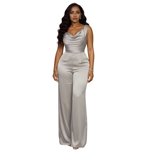 Quixlent Women's Satin Sleeveless Jumspuist Cowl Neck Wide Leg Long Pants Dressy Romper High Waist Club Night Party One Piece Outfits