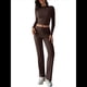 thumbnail image 3 of Conjuntos de 2 Piezas para Mujer, Larga, Cuello Redondo, Pantalones Acampanados de Cintura Alta, Conjuntos de Chándal, Ropa de Calle. Marrón L, 3 of 10