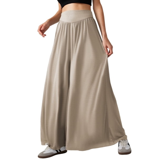 Pantalones Palazzo Holgados de Cintura Alta Elástica para Mujer, Informales, con Bolsillos, Holgados y Largos de Otoño Caqui L