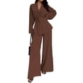 thumbnail image 3 of Women'S Casual Lounge Two Piece Outfits Long Sleeve V Neck Wrap Tie Waist Shirt Wide Leg Pants Sets Dark Brown XXL, 3 of 9