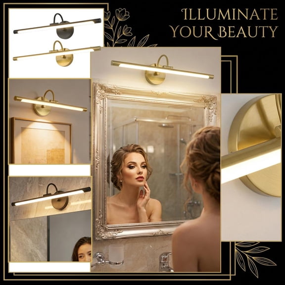 12Inch Brass Led Vanity Wall Light, Dimmable Cool White Light, Modern Round Base Wall Sconce, Sleek & Stylish Fixture For Bathroom Mirror, Bedroom, Living Room, Hotel & Home
