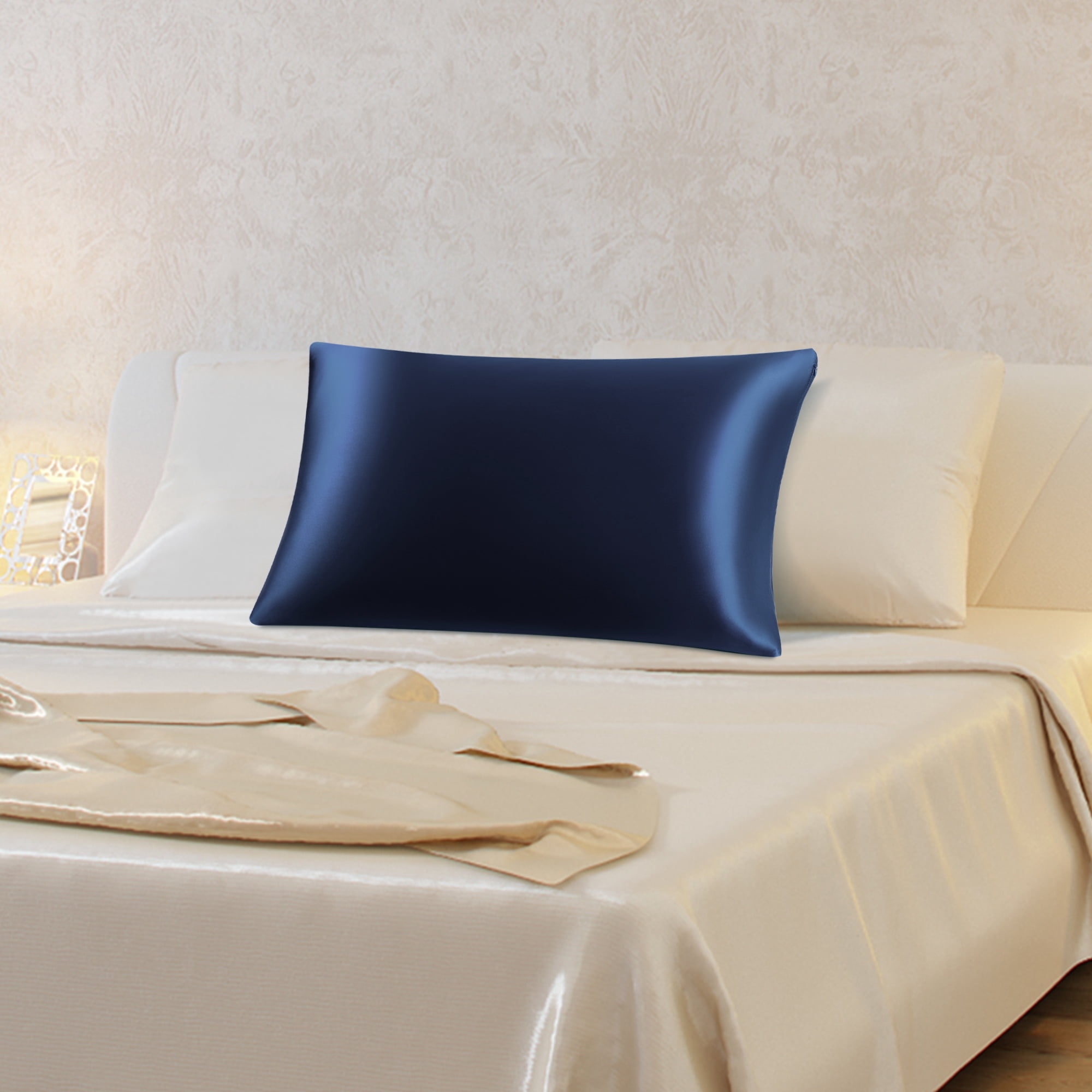 PiccoCasa 1 Pack 19mm Silk Pillowcase for Hair and Skin with Zipper Standard Navy Blue