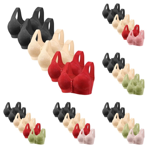 Meichang 6 Pack Daisy Bras for Older Women Plus Size Front Closure Wireless Push Up Lace Bras Full Coverage Comfortable Breathable Large Bust Bralettes