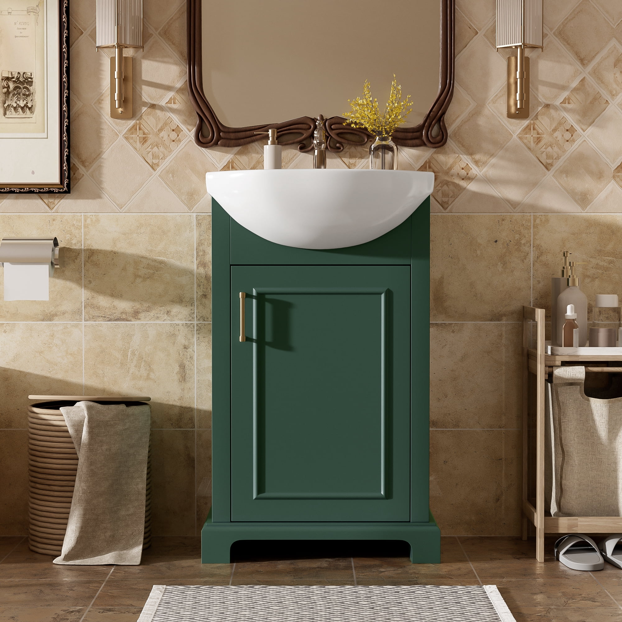 GARITIN Bathroom Vanity 20 Inch, Freestanding Single Vanity Set with Ceramic Sink and Soft Closing Door for Small Bathroom, Green