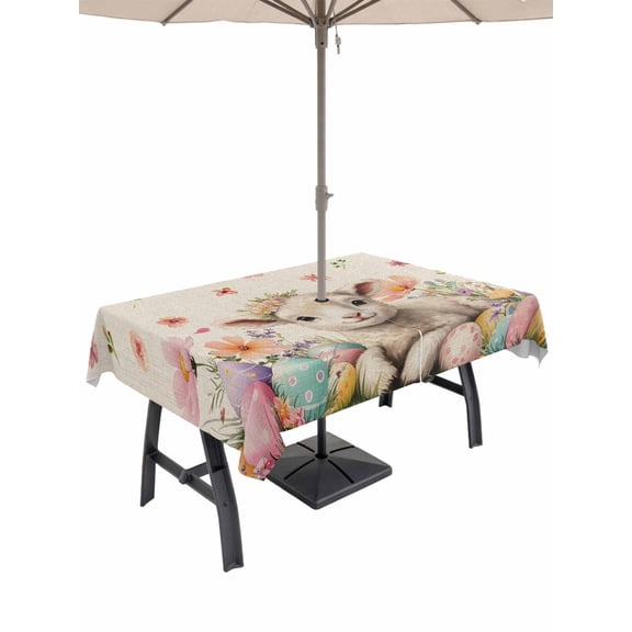 Spring Easter Sheep Outdoor Tablecloth - 60x120 Inch Rectangle Dining Table Cover, Colorful Eggs Floral Botanical Rustic Waterproof Outdoor Table Cloth with Umbrella Hole & Zipper for Picnic/Patio