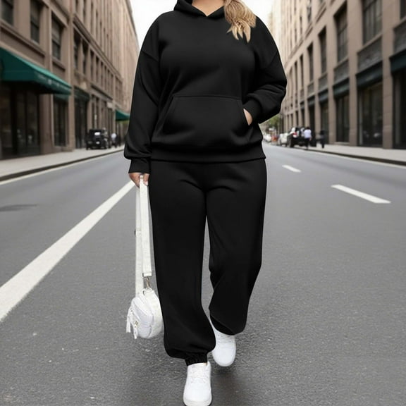 SDNall Plus Size Women Fashion Round-Neck Long Sleeve Hooded Pullover Tops Sweatshirt Pocket Sweat Pants Casual Suit Sets