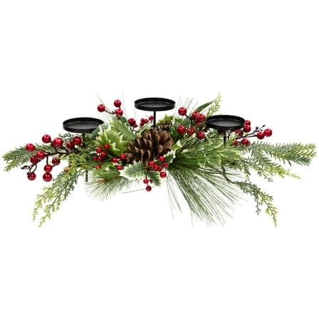 Northlight Holly and Berries Christmas Pillar Candle Holder with Pine Cones - 28"