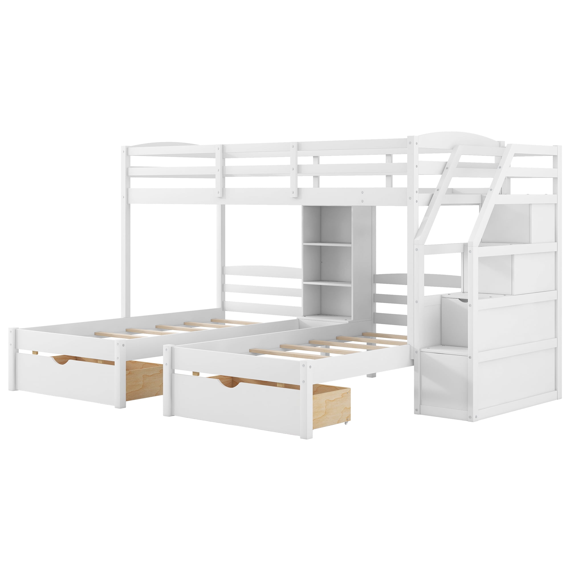 Euroco Twin over 2 Twin Bunk Bed with Staircase, 3 Beds in 1 Bunk with Drawers and Shelves, White