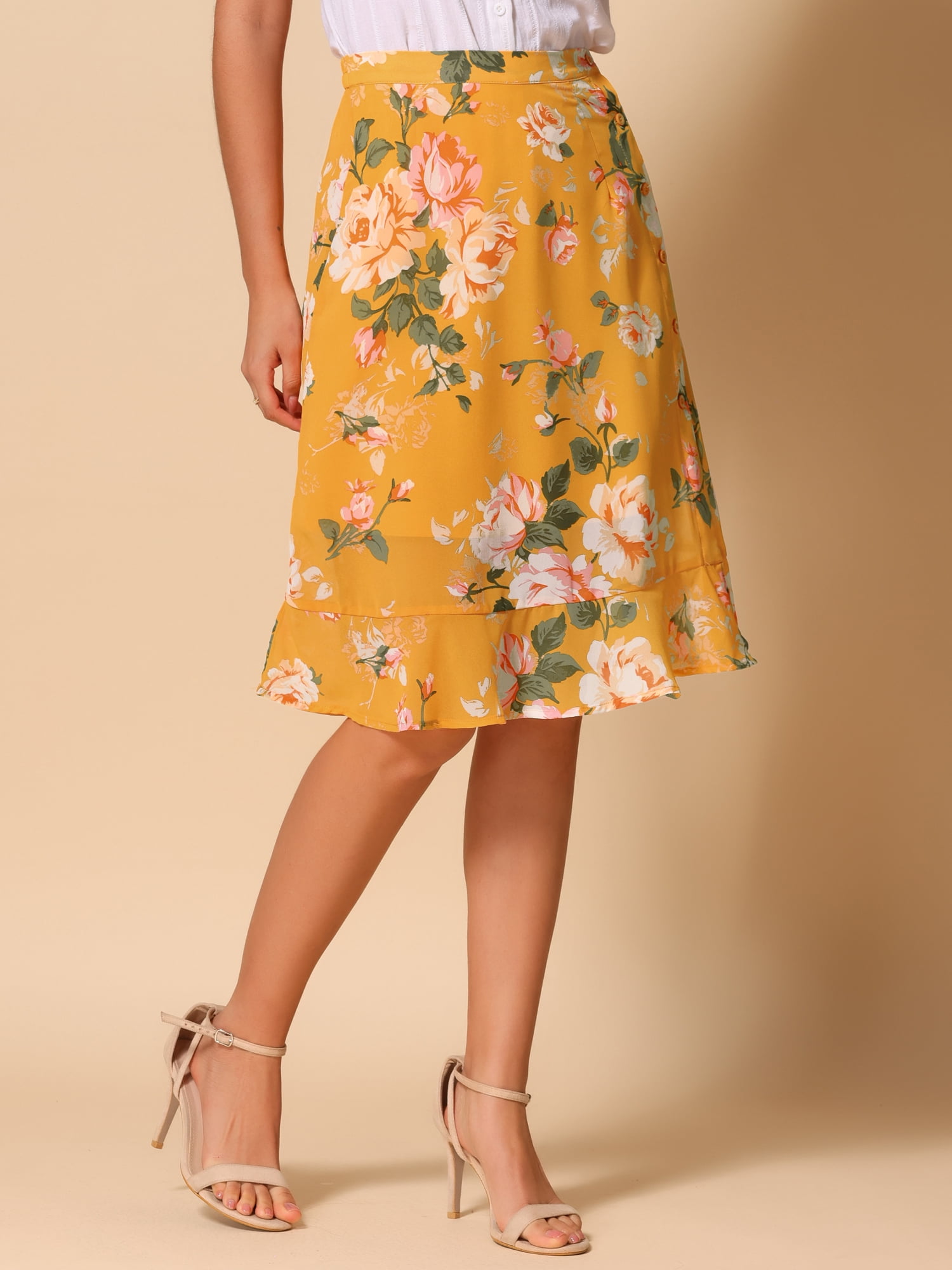 DARING DIVA Women's Floral Ruffle Hem Elastic Back Split Skirt L Yellow