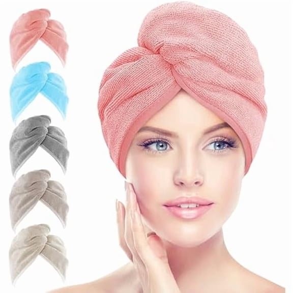Fu997 Microfiber Hair Towel Wrap, 5 Pack Hair Turbans, Super Absorbent Quick Dry Hair Towel Wrap for All Hair Types Anti Frizz, Multicolor 26"×10"