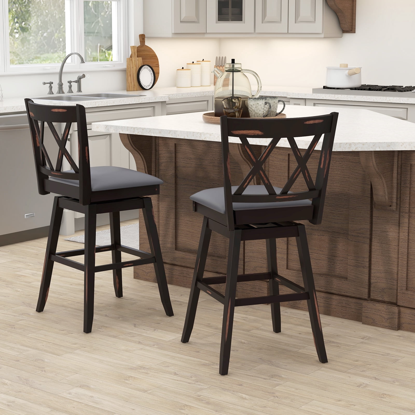 Costway 29" Bar Stools Set of 2 with Ergonomic Backrest Rubber Wood Legs Swivel Height Chairs Black, Gray