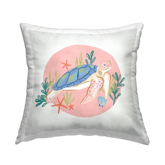 Stupell Industries Pink Swimming Sea Turtle Marine Ocean Botanicals Design by Deborah Curiel Throw Pillow