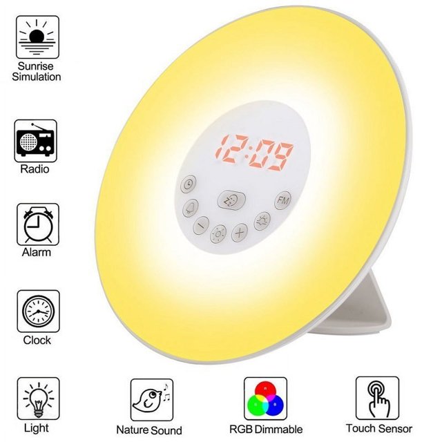 Reloj despertador con luz de amanecer, alarma de luz con simulación de amanecer/atardecer, alarmas duales y función de repetición, lámpara de atmósfera de 7 colores, puerto de carga de teléf