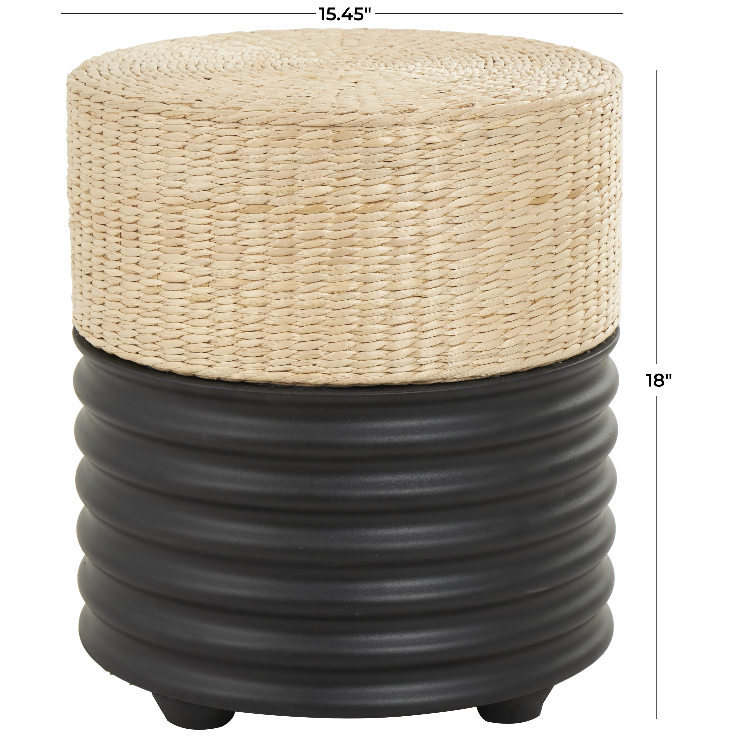 DecMode Wooden Geometric Handmade Woven Two-Toned Stool with Seagrass Top, Black