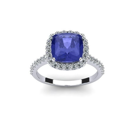 - 3 Carat Cushion Cut Tanzanite and Halo Diamond Ring In 14K White Gold Size 6