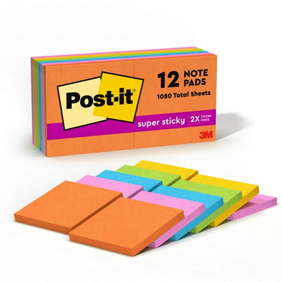 Post-it Super Sticky Notes, 3 in x 3 in, Energy Boost, 12 Pads