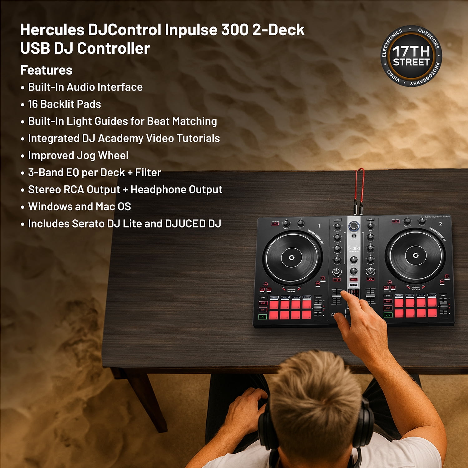 Hercules DJControl Inpulse 300-2-Deck DJ Controller+Headphones+Laptop Stand Kit