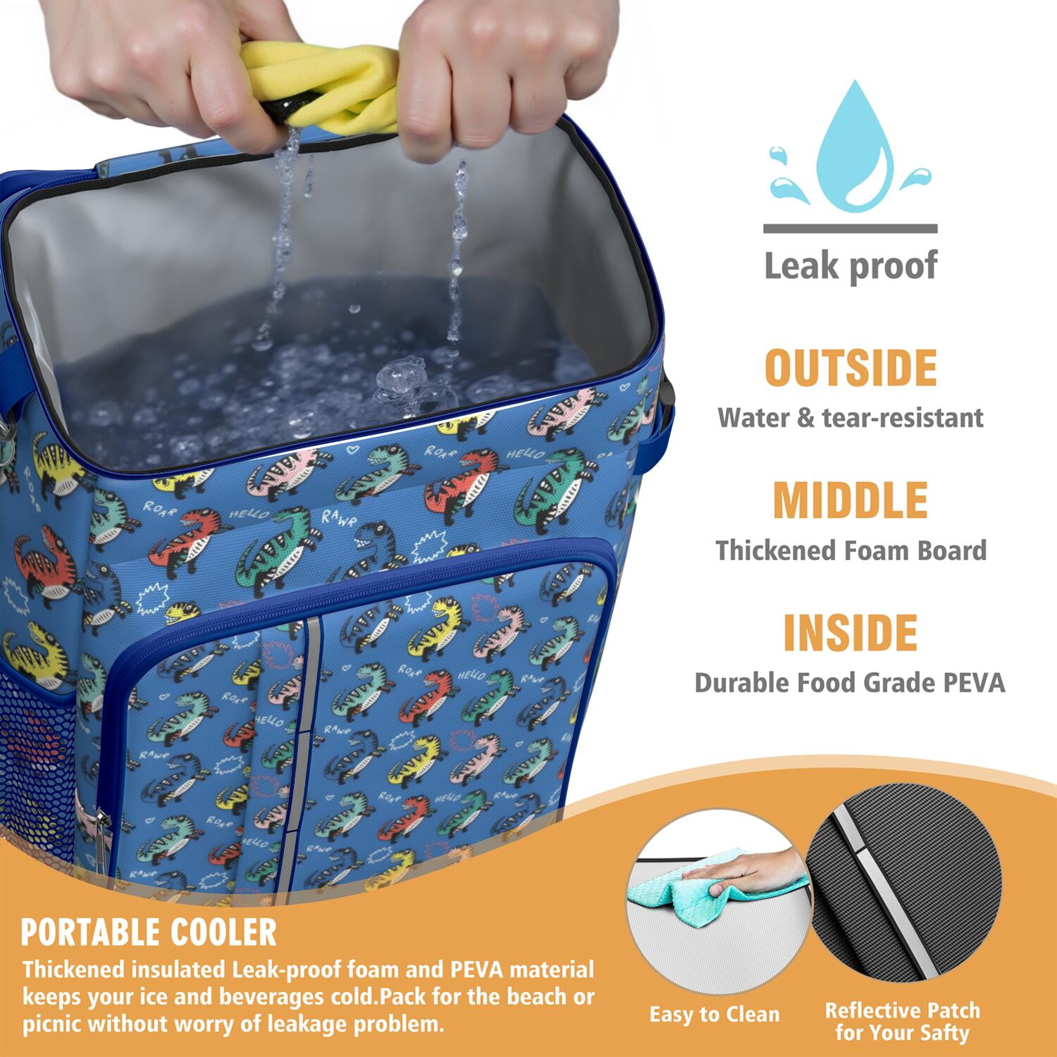 Travel Cooler Bag - Blue Cartoon Dinosaurs Text Pattern Camping Beer Cooler Backpack with Bottle Opener- Waterproof Insulated Picnic Backpacks - Cooler Bag for Beach