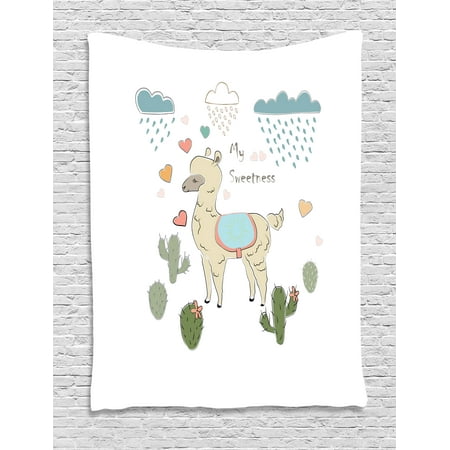 Alpaca Blend Tapestry Llama Tapestry, Cute Abstract Alpaca in the Rain with Cactuses Brush Strokes Effect Illustration, Wall Hanging for Bedroom Living Room Dorm Decor, Multicolor, by Ambesonne ()