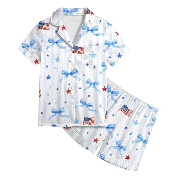 Kids 4th of July Print Pajama Set, Button Down Short Sleeve Top and Elastic Waist Shorts Sleepwear for Boys and Girls, Independence Day Loungewear(White2,13-14 Years)