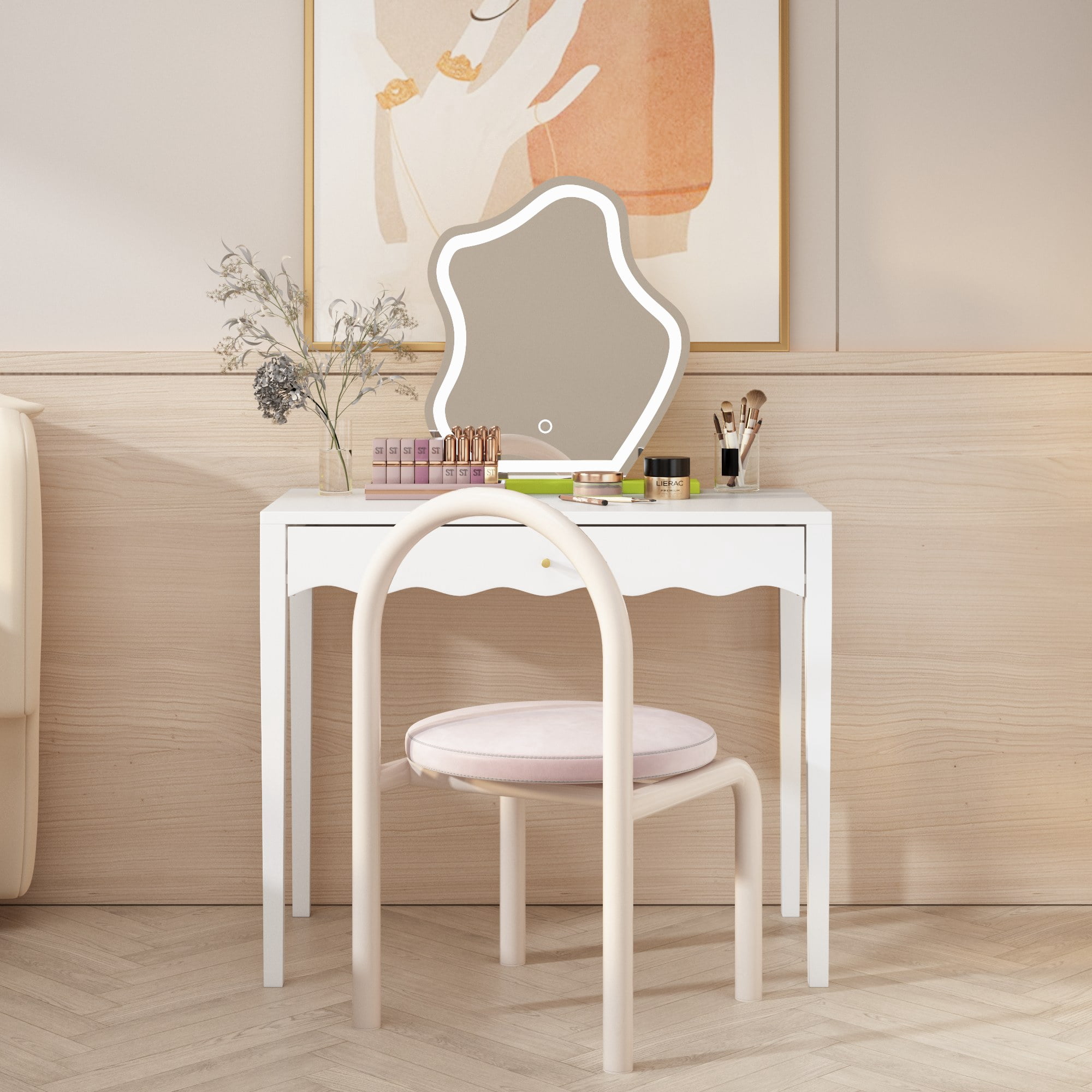 35.43" Vanity Desk with Drawer, Modern Makeup Table with Scalloped Front & Gold Knob, Compact Writing Desk with 4 Sturdy Legs for Bedroom, Small Home Office & Apartment Spaces