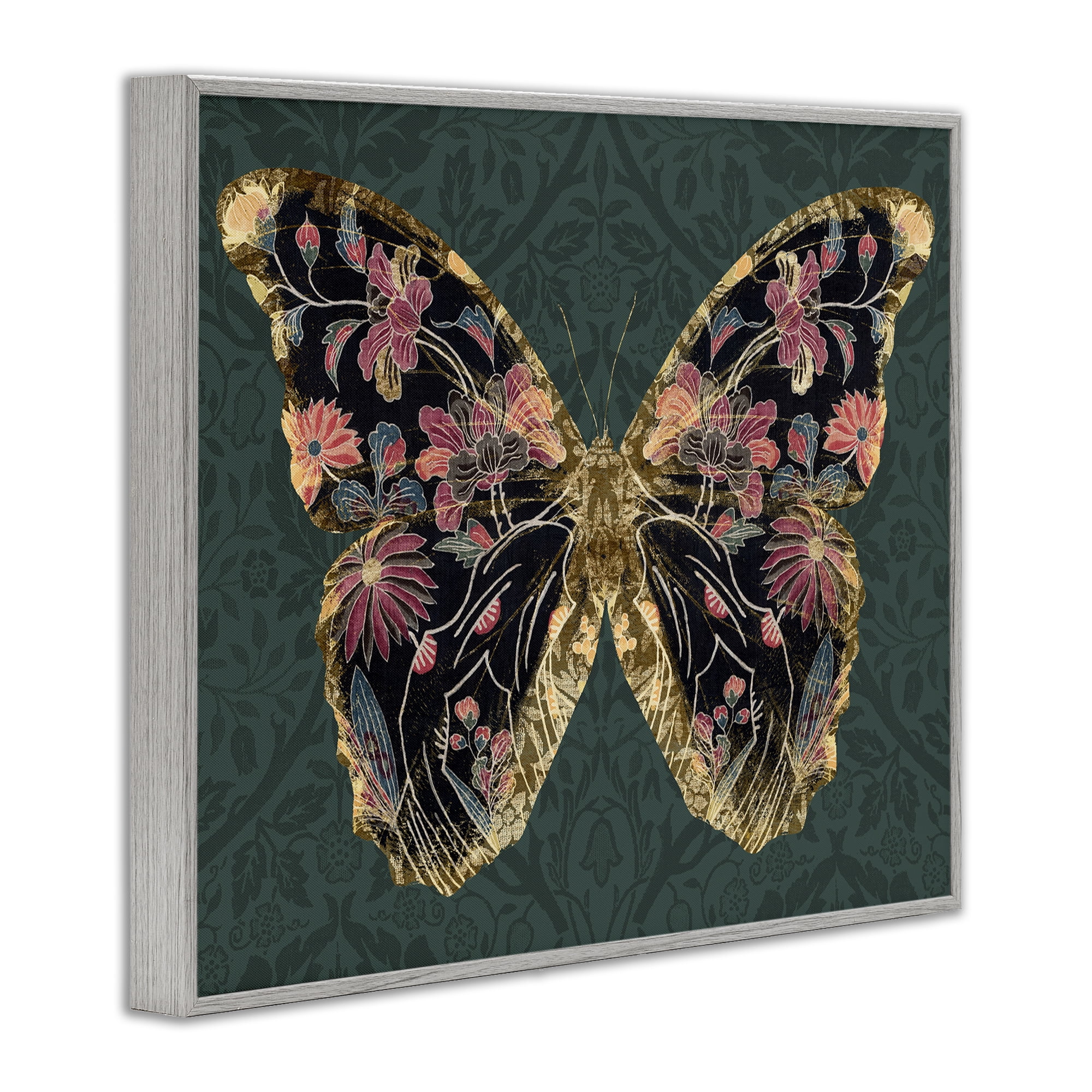 Stupell Industries Botanical Pattern Butterfly Animals & Insects Painting Gray Framed Art Print Wall Art, 14 x 11