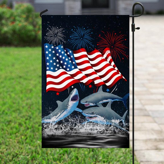 Flagwix US Flag Three Sharks Happy Independence Day Flag Polyester Double-sided Printed Garden Flags For Outside