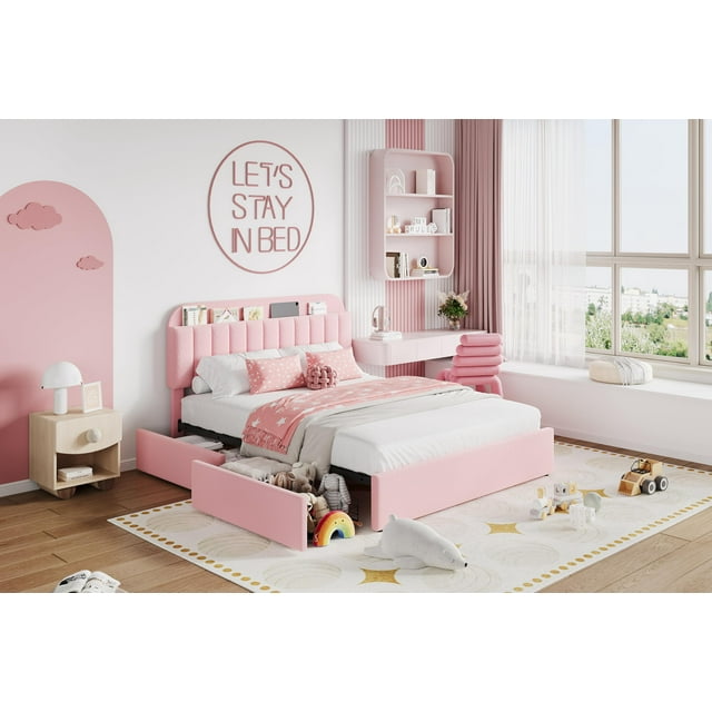 BeesClover Cadre de Lit Double avec Tête de Lit de Rangement, Lit Plateforme Rembourré en Bouclé Rose avec 2 Tiroirs et Bibliothèque Intégrée, Aucun Sommier Requis, Mobilier de Chambre pour Filles Adolescentes