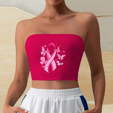 WDZUDU Womens Tube Tops Breast Cancer Shirt Pink Ribbon Graphic Crop Tops Going Out Strapless Basic Backless Bandeau Bra Hot Pink