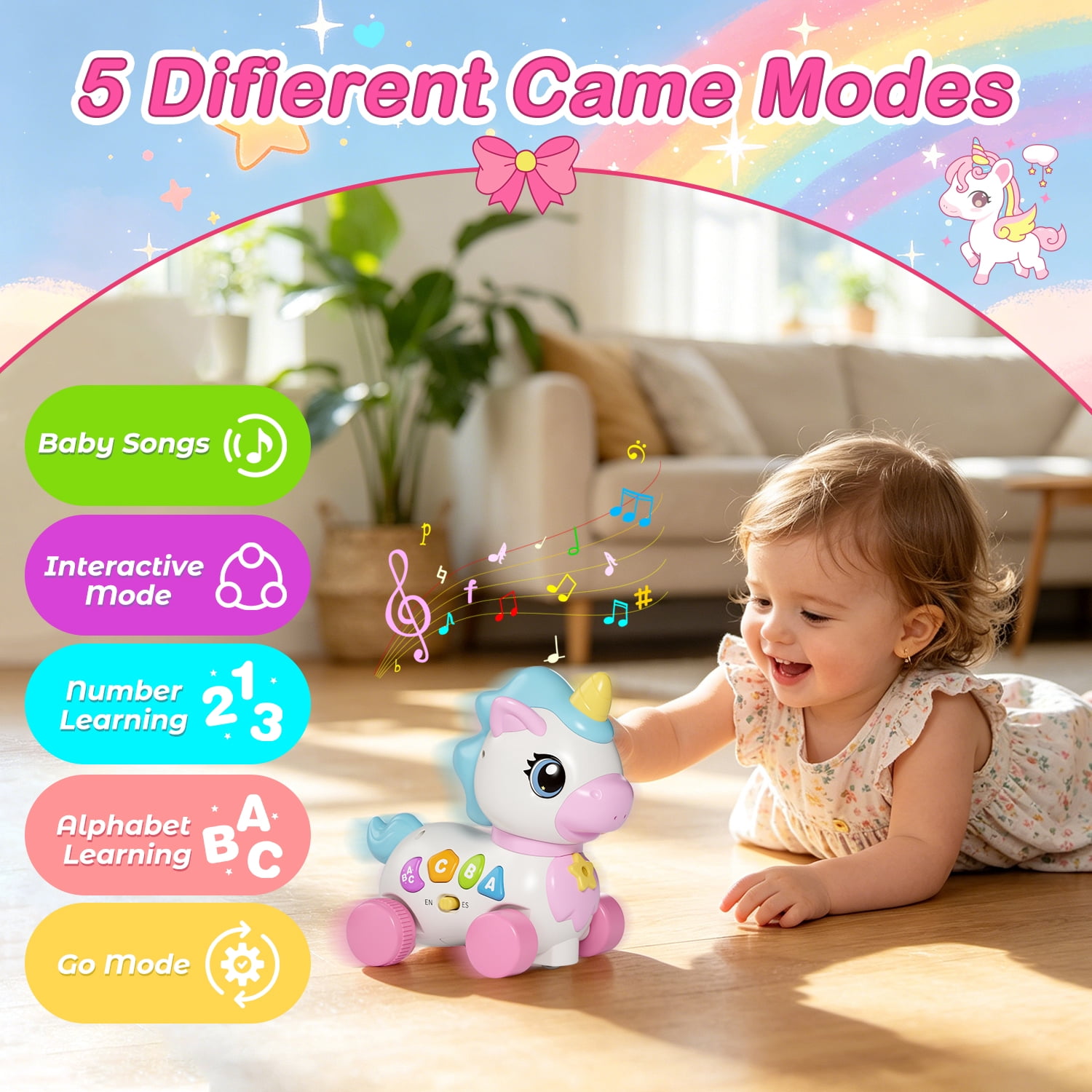 QOQ Baby Unicorn Musical Toy with Music & Lights, Bilingual Educational Sensory Toy for 6-18 Months, Crawling & Walking Learning Toy for Infants & Toddlers, Birthday Gift for Baby Girls Boys