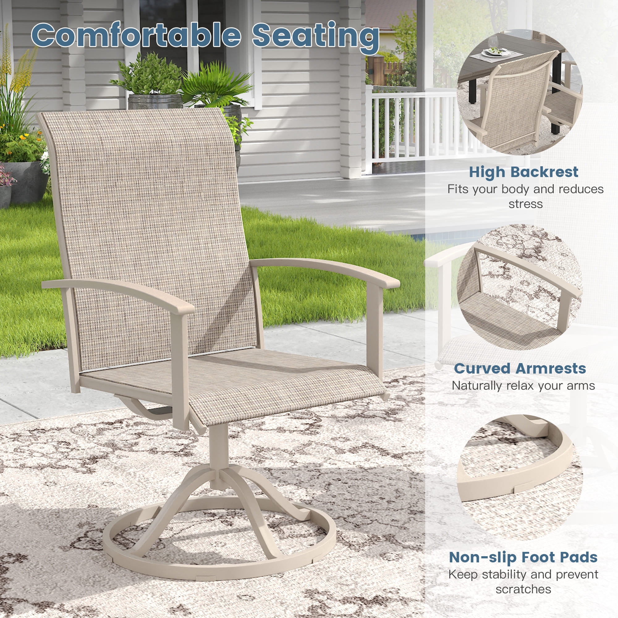 Vicllax Patio Swivel Chairs Set of 4, Outdoor Dining Chairs with Weather-Resistant Textilene Fabric & Metal Frame，Sandshell