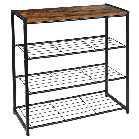 4-Tier Metal Shoe Rack, Shoe Storage Shelf Bench Organizer with Wood Bench Top for Hallway Entryway