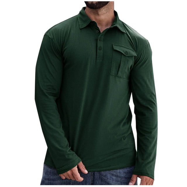 pstuiky camisas de manga larga para hombre, Camisa de manga larga de color liso con bolsillo y cuello para hombre salir tops s