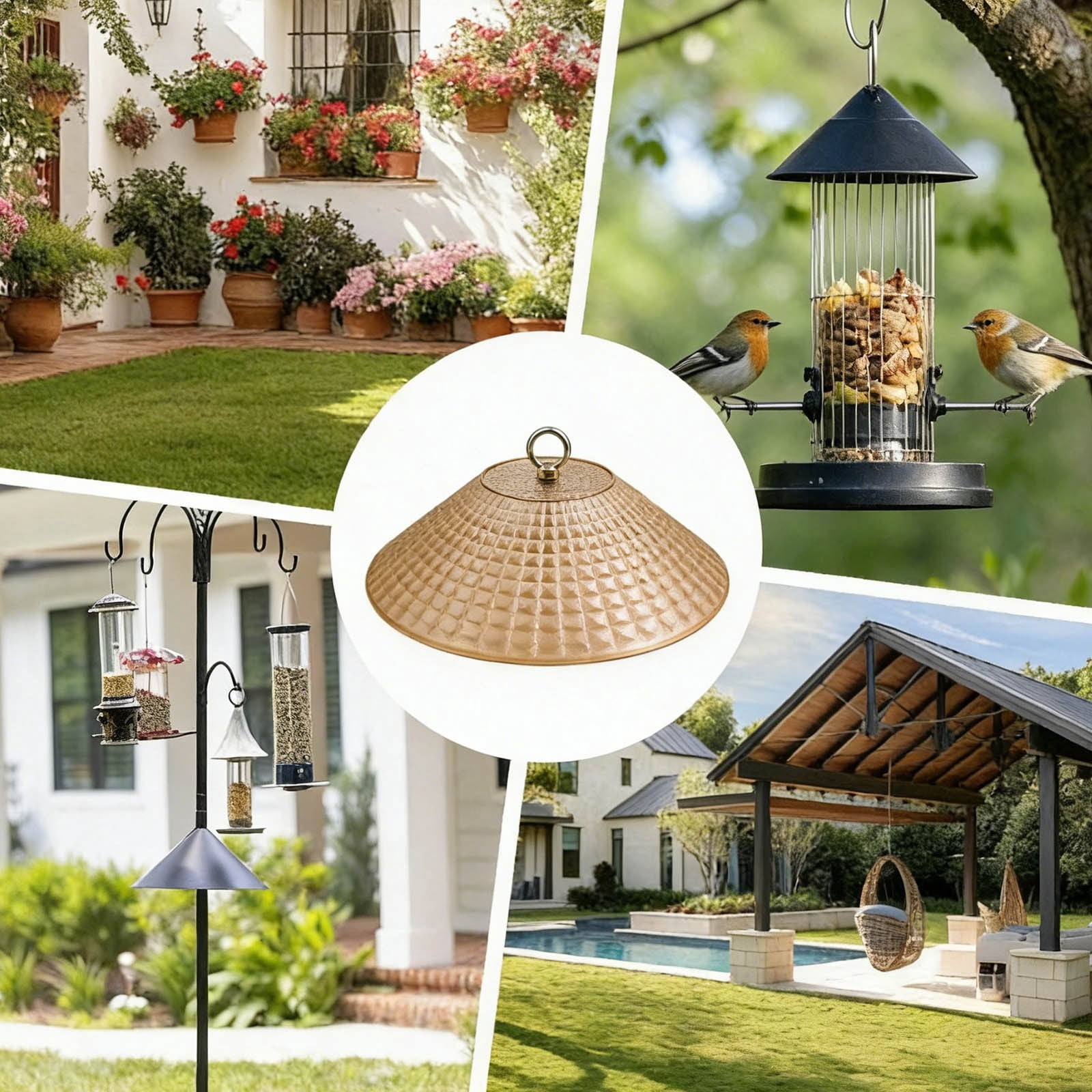 Hanging Bird Feeder, Clear Bird Feeder Baffle Dome, Full Protection for Outdoors, Chew Proof Birds Feeders Rain Guard Cover Outdoors, Gold