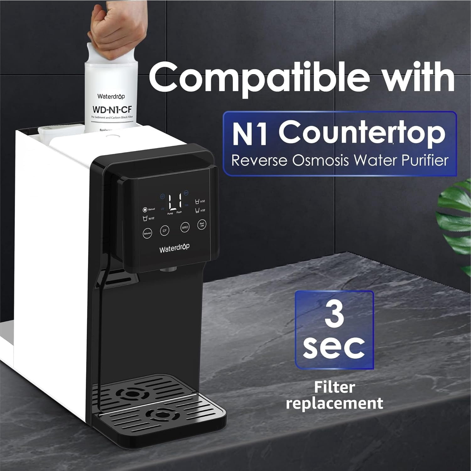 Waterdrop N1 Countertop Reverse Osmosis System, 4 Stage Reverse Osmosis Water Filter Countertop, 3:1 Pure to Drain, Reduce PFAS, No Installation Required, WD-N1-W,with WD-N1-CF
